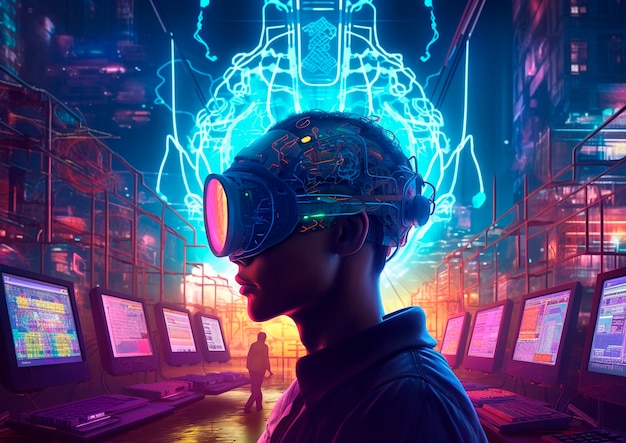 Cyberpunk illustration with neon colors and futuristic technology