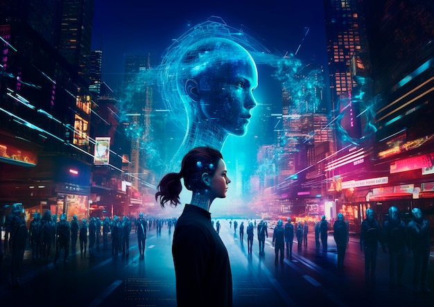 Free photo cyberpunk illustration with neon colors and futuristic technology