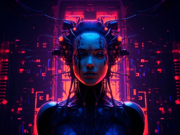 Cyberpunk illustration with neon colors and futuristic technology