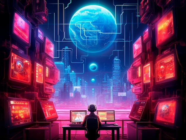 Free Photo cyberpunk illustration with neon colors and futuristic technology