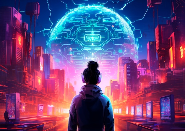 Free photo cyberpunk illustration with neon colors and futuristic technology