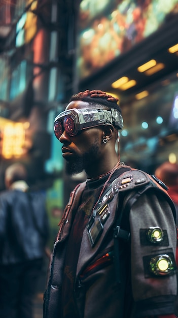 Cyberpunk man warrior in urban scenery