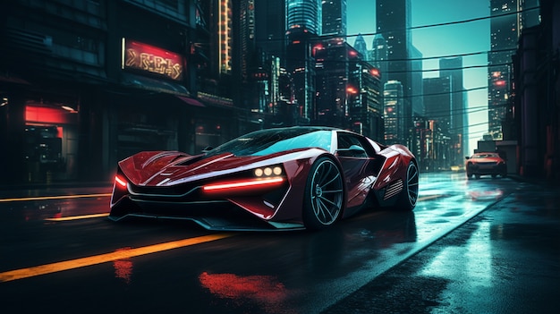 Cyberpunk urban scenery with car