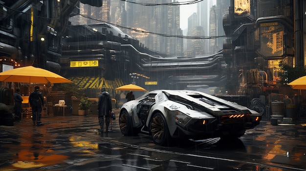 Cyberpunk urban scenery with car