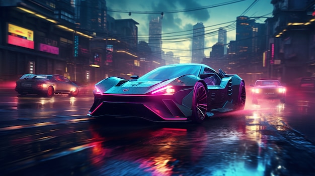 Cyberpunk urban scenery with car