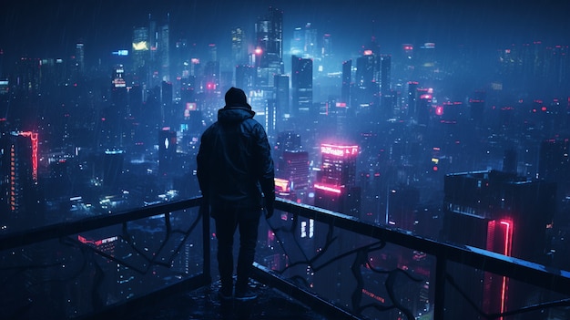 Cyberpunk warrior looking over city