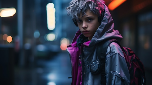 Free photo cyberpunk warrior in urban scenery