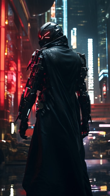 Free photo cyberpunk warrior in urban scenery