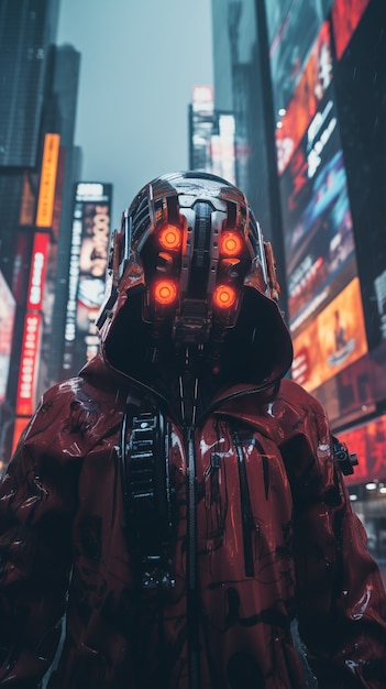 Free photo cyberpunk warrior in urban scenery