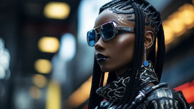 Free photo cyberpunk woman warrior in urban scenery