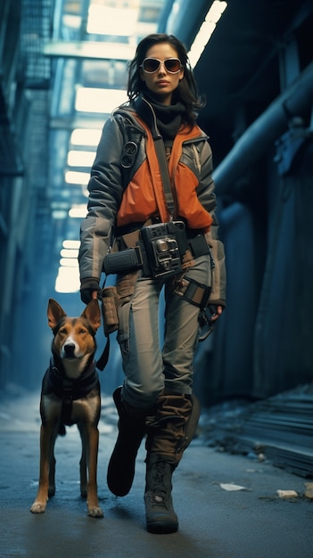 Free photo cyberpunk woman warrior with dog