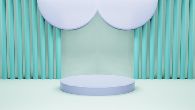 D render illustration mock up podium for product presentation pastel blue background arc with curtai