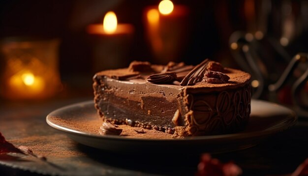 Dark chocolate brownie slice on wooden plate generated by AI