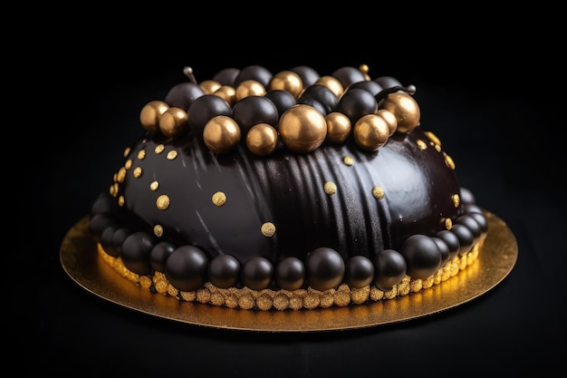 Free photo dark chocolate cake decorated with golden balls on a black background ai generative