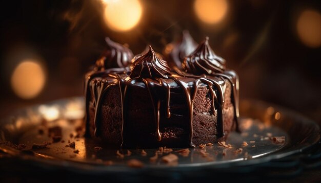 Dark chocolate cake slice with melting fudge icing generated by AI