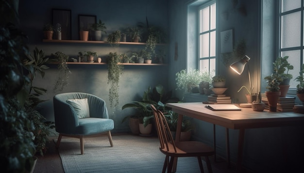 A dark room with a desk and a lamp with plants on the wall.