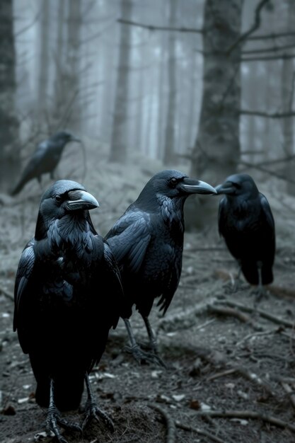 Dark scene of crows outdoors