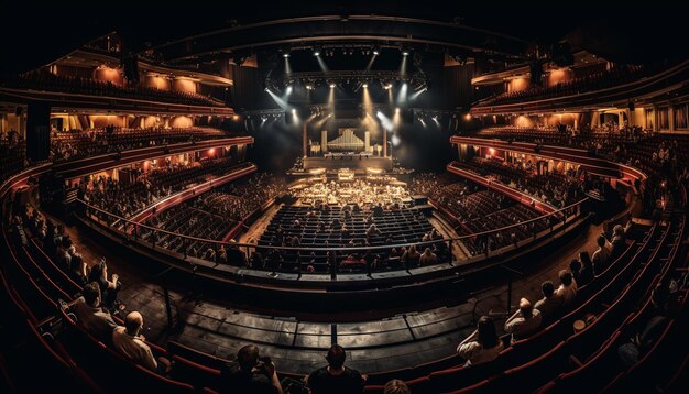 Dark stage inside old theater illuminated by equipment generated by AI