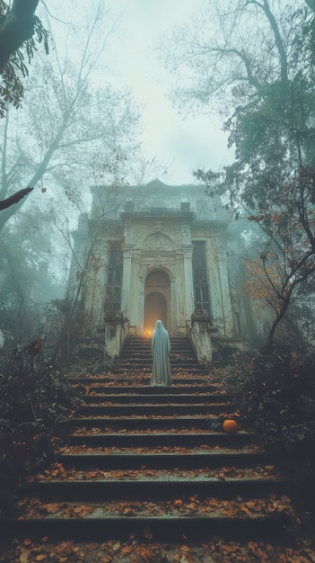 Free photo dark style halloween scene with ghosts and pumpkins