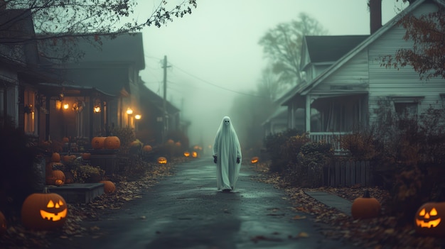 Free photo dark style halloween scene with ghosts and pumpkins