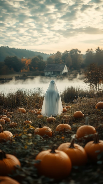 Free Photo dark style halloween scene with ghosts and pumpkins