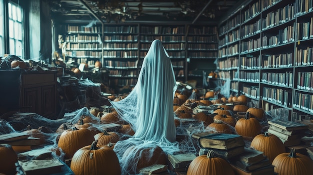 Free Photo dark style halloween scene with ghosts and pumpkins