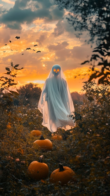 Free Photo dark style halloween scene with ghosts and pumpkins