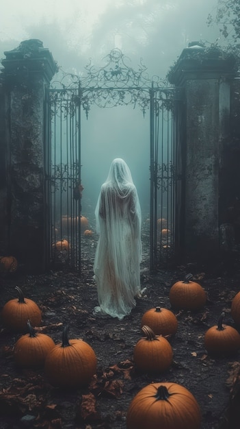 Dark style halloween scene with ghosts and pumpkins