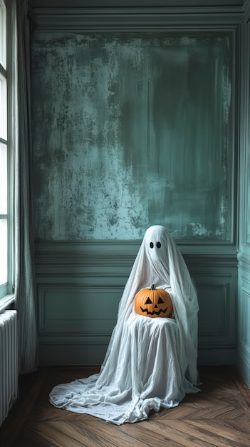 Free photo dark style halloween scene with ghosts and pumpkins