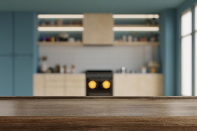 Dark wooden table top on blur kitchen room backgroundModern Contemporary kitchen room interior