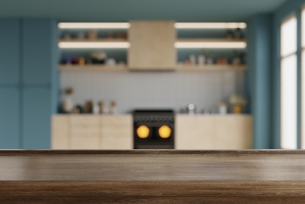 Dark wooden table top on blur kitchen room backgroundModern Contemporary kitchen room interior