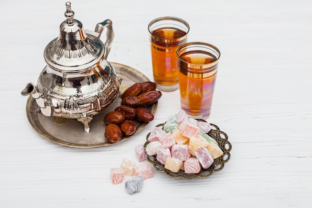 Dates fruit with Turkish delight and teapot