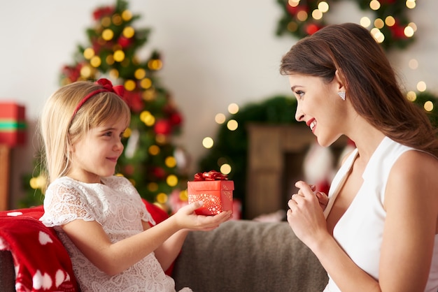 Daughter handing over gift for mummy