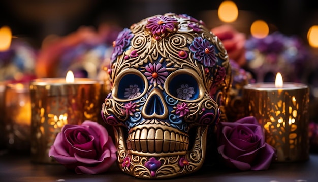 Free photo day of the dead celebration candlelight human skull mexican culture generated by artificial intelligence