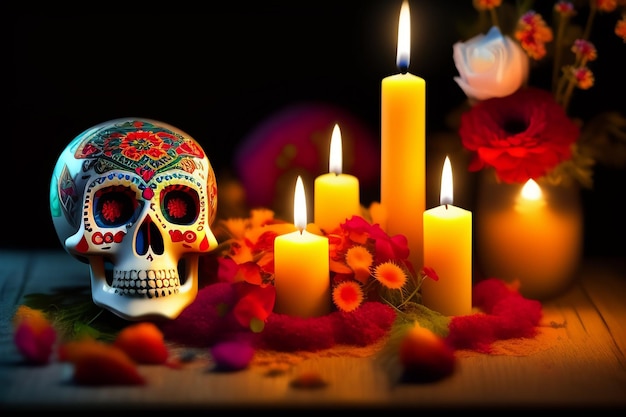 Free photo day of the dead skull and candles