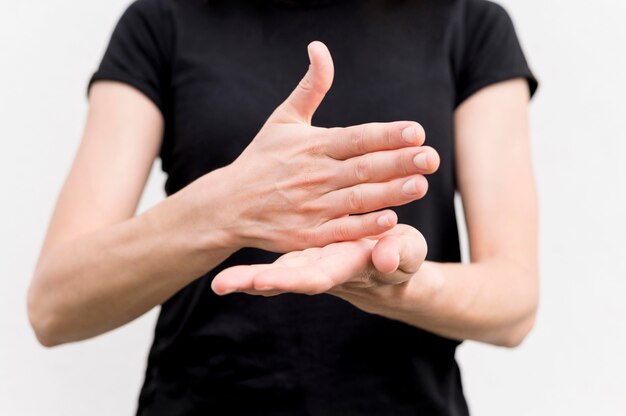 Deaf woman communicating through sign language