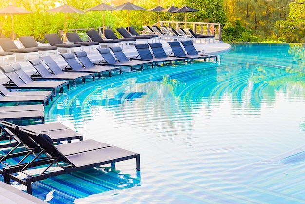 Deck chairs next to the pool