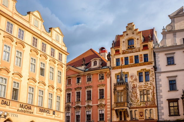 A decorated buildings facade on the southern side of Old Town Square (Staromestske Namesti). Prague, Czech Republic