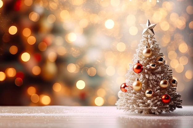 decorated christmas tree on wooden table and blurred background. Copy space