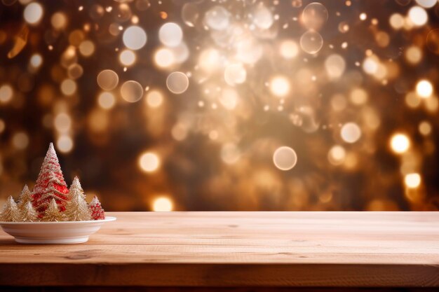 decorated christmas tree on wooden table and blurred background. Copy space