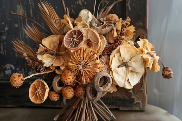 Decorative arrangement with dried fruits and flowers