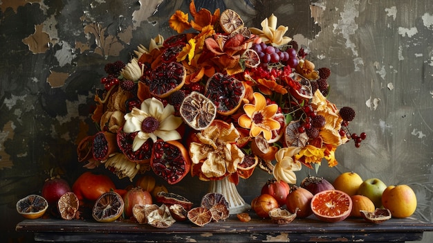 Free photo decorative arrangement with dried fruits and flowers