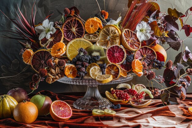 Decorative arrangement with dried fruits and flowers