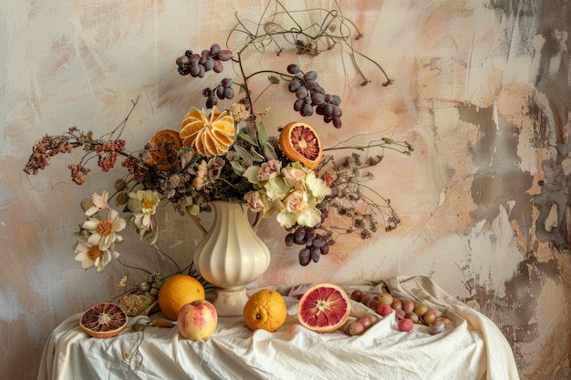 Decorative arrangement with dried fruits and flowers