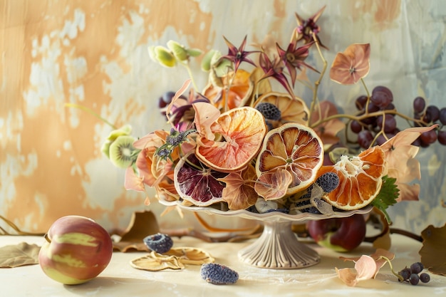 Decorative arrangement with dried fruits and flowers