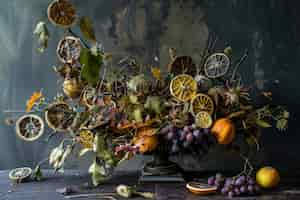 Free photo decorative arrangement with dried fruits and flowers