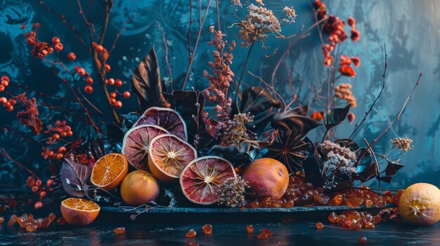 Free photo decorative arrangement with dried fruits and flowers