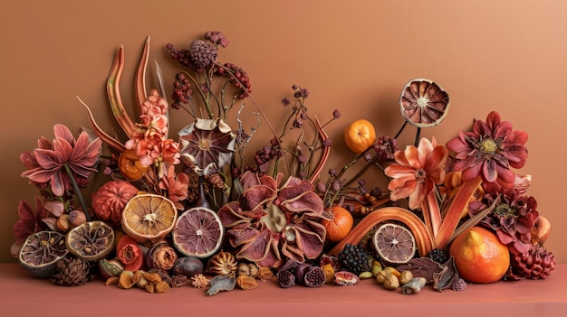 Free photo decorative arrangement with dried fruits and flowers