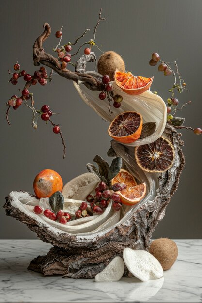 Decorative arrangement with dried fruits and flowers