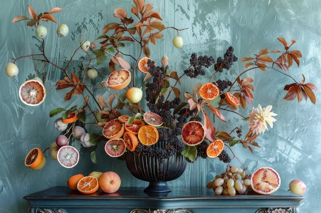 Decorative arrangement with dried fruits and flowers